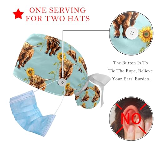 Image of 2 PCS Bouffant Cap with Button Ponytail Pouch Working Cap Sweatband Adjustable Surgical Cap Black and White Cow