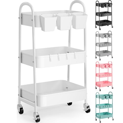 3 Tier Heavy Duty White Metal Rolling Cart with...