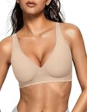 OEAK Womens Deep V Bras Wireless Comfortable Bra Supportive No Underwire Bras Tshirt Push Up Bralettes Plunge Seamless Bra Dark Beige S