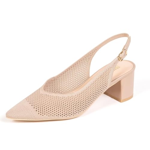 Frank Mully Women's Slingback Heels Pointed Toe Work Pumps Comfortable Chunky Pumps Knitted Closed Toe Stylish Dressy Shoes
