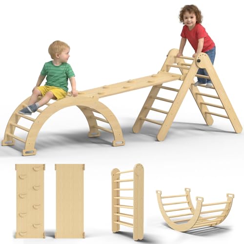 CMFYDAILY Large Pikler Triangle Set 7-in-1 Toddler Climbing Toys Indoor Wooden Montessori Climbing Set with Arch Ramp Ladder Foldable Baby Jungle Gym Playground (Wood Natural)