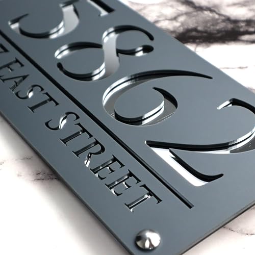 K SMART SIGN Luxe H3 F32 - Numéros de maison - Numéro de maison - Plaque de numéro de porte - Personnalisable - Pour l'extérieur - 3D découpé au laser - Effet marbre acrylique - Gris foncé et argenté – vue 4