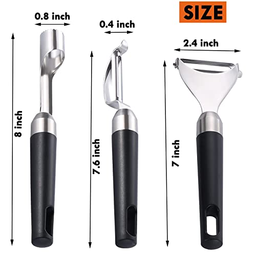 VOJACO Vegetable Peeler, 3 Piece Potato Peelers Slicer, Stainless Steel Peeler Set for Apple, Carrot, Cucumber, Veggie, Fruit. Premium Apple Corer Core Remover with Sharp Blade Soft Grip Handle