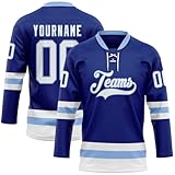 Custom Sublimated Hockey Jerseys Practice Shirts for Men Youth Boys Kids Women Girls, Personalized Royal Blue Light Blue White Hockey Attire with Strings, Stitched Your Own Sports Name Team Uniforms