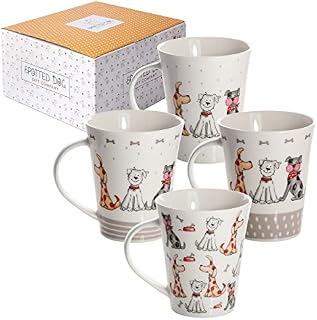 SPOTTED DOG GIFT COMPANY Set of 4 Dog Mugs Cups for Tea Coffee and Hot Drinks with Cute Dogs Animal Theme, Porcelain China, Dog Lovers Gifts for Women and Men