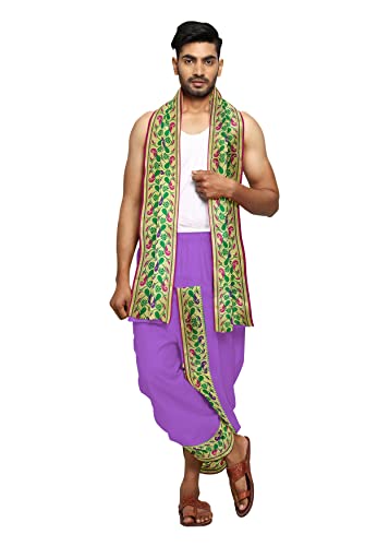 Image of Rameshwaram Fabrics Readymade Dhoti for Men, Velcro Style Stitched Mens Silk Dhoti Pant with Stole Set