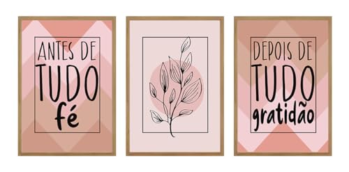 Kit 3 Quadros Antes De Tudo Fé Rosa Oliva Moderno Decoração Casa Sala e Quarto (43x32cm, Carvalho)