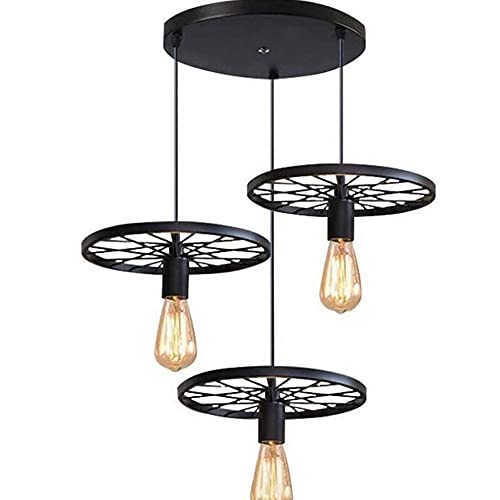 Suspension roue industrielle YangRy à 3 têtes rétro luminaire noir