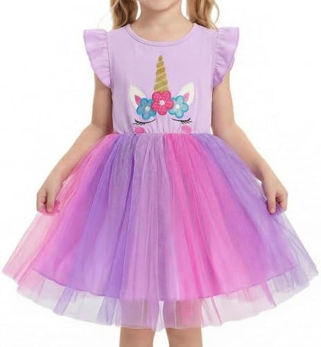 DivingBirds Mädchen Kleider Einhorn Rüschen Kurzarm Baumwolle Top Tülkleid Sommer Kleinkind Prinzessin Geburtstag Partykleid Kinderkleider für 3-8 Jahre