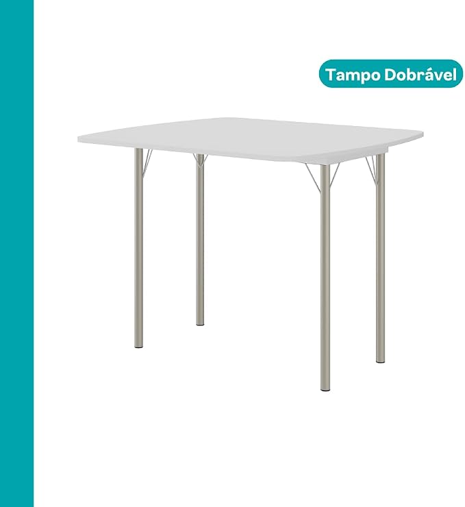 Mesa de jantar Tallim da Carraro com tampo dobrável em branco e estrutura prateada, destacando a funcionalidade de economia de espaço.