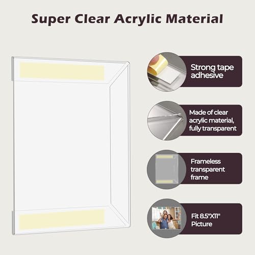 Image of 8.5 x 11 Acrylic Picture Frame, Horizontal /Vertical Clear Photo Frame for Wall with Tape, No Drilling Floating Hanging Frameless Picture Frame, Wall Mount Sign Holder 8.5x11 for Home, School, Office