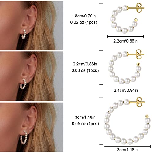 3 Pairs Pearl Hoop Earrings For Women Girls,14K Gold Plated Pearl Earrings Lightweight Hoops Small Pearl Hoops #TOP3