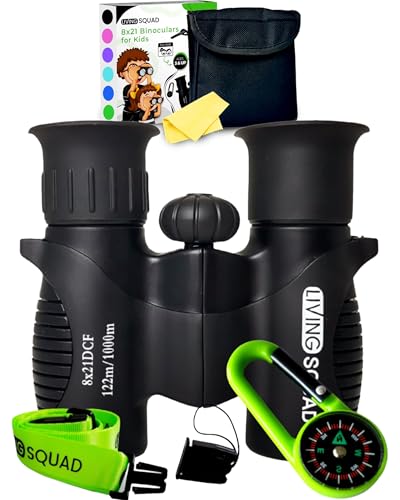 Kids Binoculars 8x21 Black- Child Age 3-12, Shock Proof Compact Real Binoculars Set- High-Resolution Optics Boy & Girl Gift Toy for Bird Watching, Camping- Neck Strap, Compass, Carabiner, Case