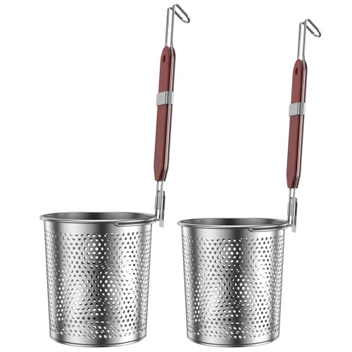Lot de 2 paniers à pâtes en acier inoxydable avec poignée en bois - 2 tailles - Passoire à pâtes à suspendre - Passe au lave-vaisselle - Passoire à nouilles - Écumoire pour pâtes, nouilles, raviolis