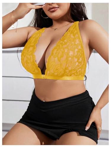 Image of MakeMeChic Women's Plus Size Lace Bralette Front Closure Bras Wireless Deep V Triangle Sexy Lace Bra