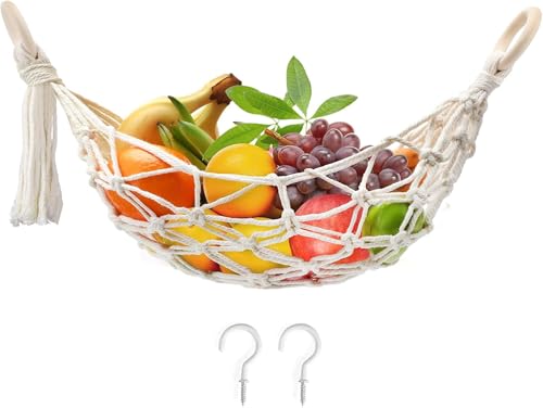 Gusruvti Hanging Fruit Hammock Under Cabinet with Hooks Hand Woven Boho Fruit Vegetable Hanger Basket Fruit Holder Net Hanging Fruit Baskets for kitchen Storing Banana Fruits Hanging Basket