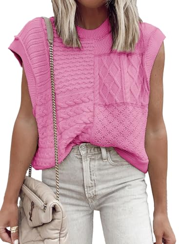 Image of EVALESS Womens Short Sleeve Sweater Summer Fall 2025 Round Neck Crochet Pullover Cap Sleeve Knit Oversized Sweater Vest Tops
