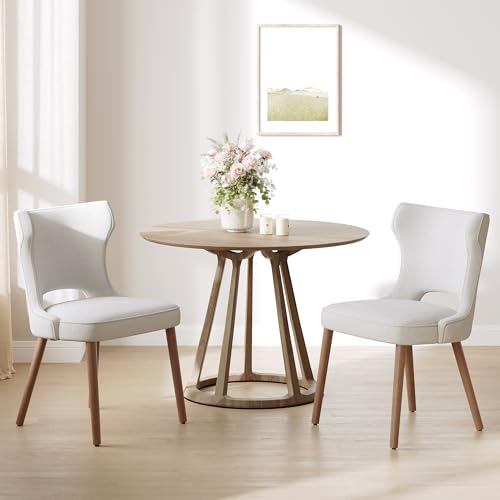 Image of Wooden Dining Chairs Set of 2, Farmhouse Dining Room Chairs with Solid Wood Legs, Mid Century Fabric Kitchen Chairs, Upholstered Chair for Restaurant & Cafe- Light Gray