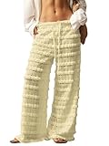 RoseSeek Women's Crochet Lace Pants Ruffle Layered Elastic Waist Mesh Bathing Suit Cover Up Beach Pants Yellow X-Small