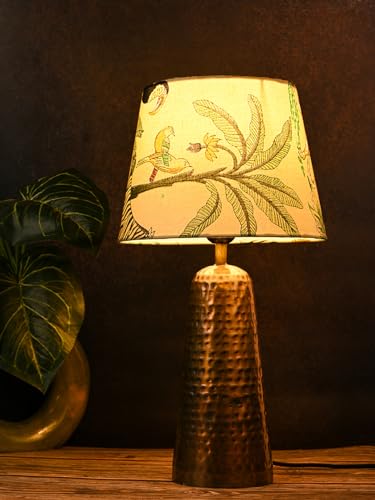 Image of Green Girgit Golden Hammered V-Shaped Printed Table Lamp, Taper Muticolor Green Shade, Modern Living Room Light, Bedside Night Lamp, LED Ambient Lighting, E27 Bulb Compatible, Corded Electric
