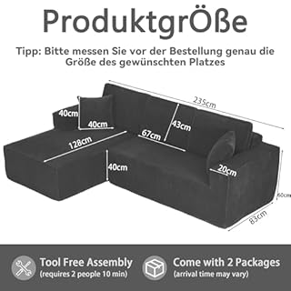 Yihomfy Canapé d'angle, Canapé Compressé en L avec Méridienne et 2 Coussins, Canapé 3 Places Modulable en Velours côtelé, Canapé Cloud-Assise Profonde, pour Salon et Appartement