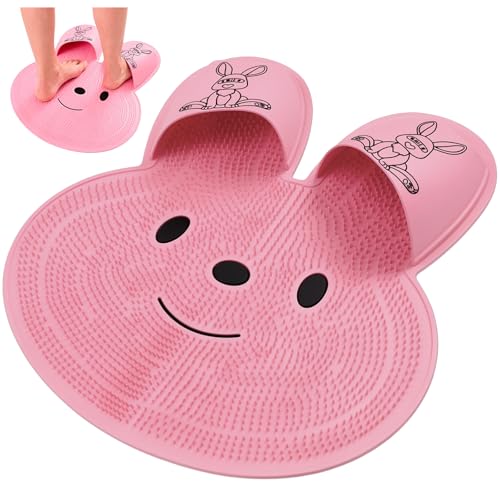 kullder Extra-Large Shower Foot Scrubber Mat, Rabbit Shaped Silicone Foot Scrubber for Shower, Feet Spa Brush Dead Skin Removal with Deep Clean Soft Bristles for Men & Women (Pink)