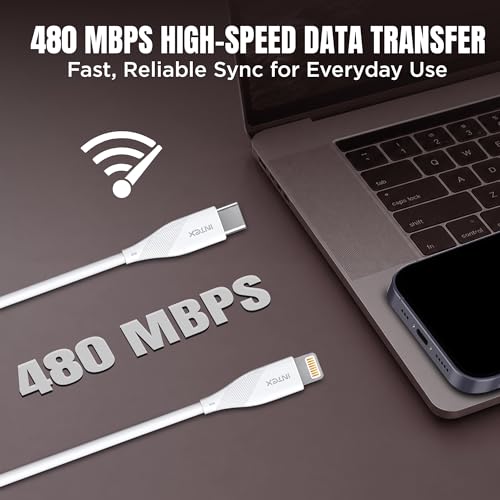 Image of Intex Speed Pro 27W Type-C to Lightning Fast Charging Cable with 480 Mbps Data Transfer, Tangle-Free Cable For iPhone 14,13, 12,11, 8, 7, 6, 5, Ipad, Macbook, Imac, Airpods and Other Devices - White