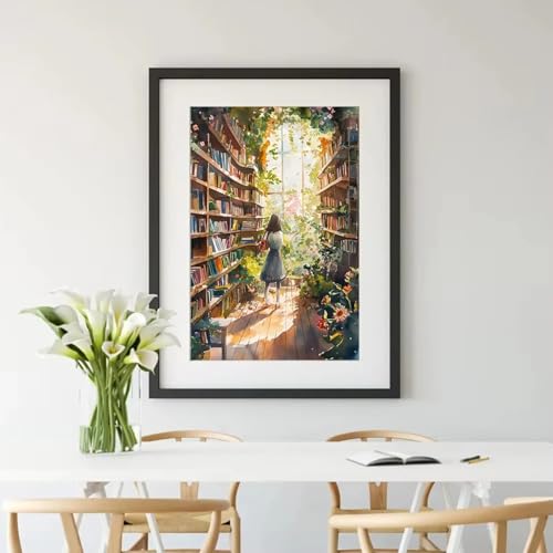 Peinture vintage de fille lisant affiche paysage bibliothèque cadre mural 70x100 cm