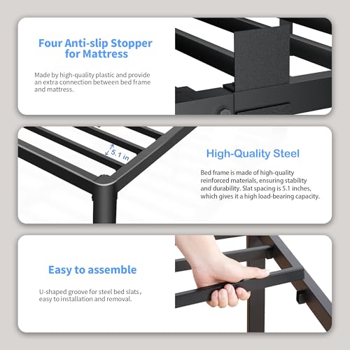 ROIL 12 inch Metal Queen Bed Frame with Rounded Corner and Headboard Hole Mattress Retainers 3500LBS Heavy Duty Steel Slats No Box Spring Needed Platform Noise-Free Easy Assemble by ROIL - Used condition - Image 4