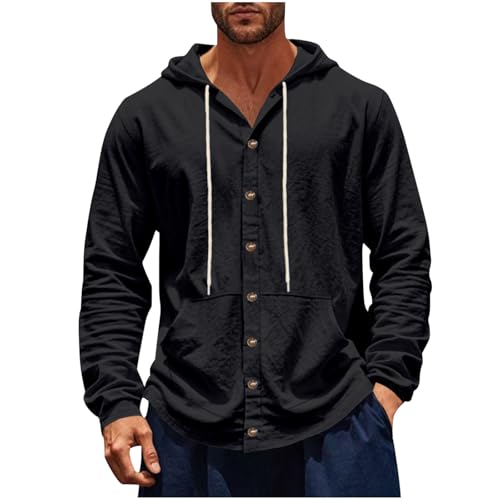 Cotton Linen Hooded Shirt for Men Drawstring Button Up Long Sleeve Hoodie Top Casual Breathable Fall Street Hoodies