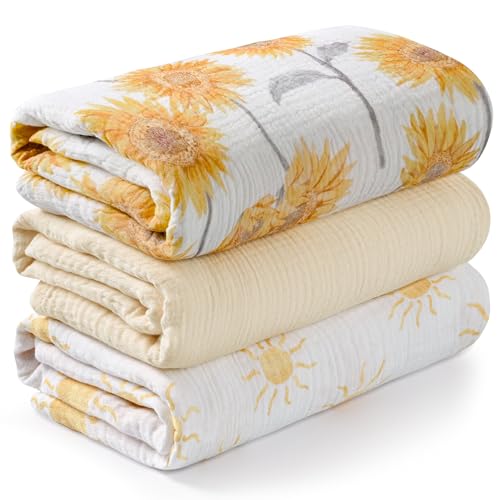 Image of Muslin Swaddle Blankets for Newborn, 3 Pack Breathable Soft Receiving Blanket, Large 38 x 40 inches Swaddle Wrap Burping Clothes, Essentials Infant Shower Items, Toddler Gift (Sunflower)