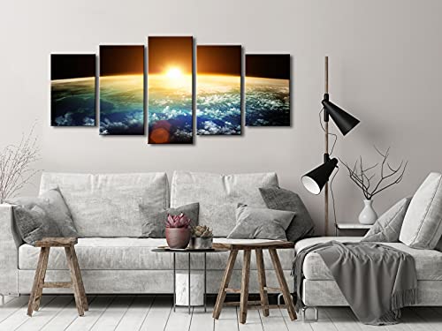 Pyradecor The Earth Canvas Prints Wall Art Outer Space Pictures Paintings Ready To Hang For Living Room Bedroom Home Decorations 5 Panels Modern Stretched And Framed Universe Landscape Giclee Artwork #TOP4