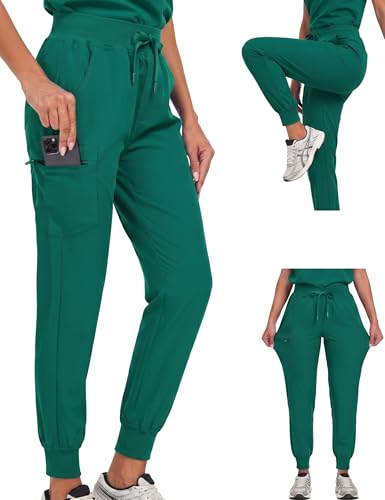 VECARDI Women's Scrub Jogger Pants High Waisted Stretch Nurse Work Bottoms 5 Pockets Elastic Waist Slim Fit Hunter Green