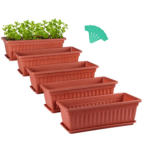Skelang 5 macetas rectangulares 42,7 cm, Soporte para Planta con Bandeja, Jardinera con Etiqueta, para Plantas Grasas, Hierbas, Flores (Rojo ladrillo)