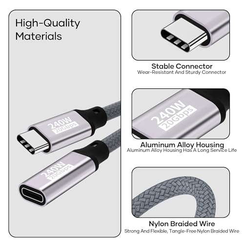 Kabel przedłużający USB C, 0,5 m 20 Gb/s / 240 W/5K @ 60 Hz USB C 3.2,4K@144Hz kabel wideo typu C męski na żeński kompatybilny z iPhone 17/16/15/Pro/Pro Max/MacBook Pro/iPad Pro, laptop, monitor