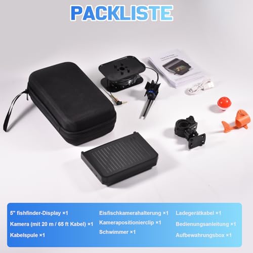 Tragbarer 5 Zoll IPS Fischfinder mit 17 IR LEDs und 20m Kabel - 1080P Angelkamera mit 220° Weitwinkel - IP68 Wasserdicht, 6000 mAh Unterwasser-Angelkamera für Boot, Eisfischen, Meeres- und Flussangeln