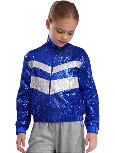 Girls Kids Hip Hop Dance Sequins Jacket Sparkly Zip Up Coat Stand Collar Long Sleeve Outerwear2