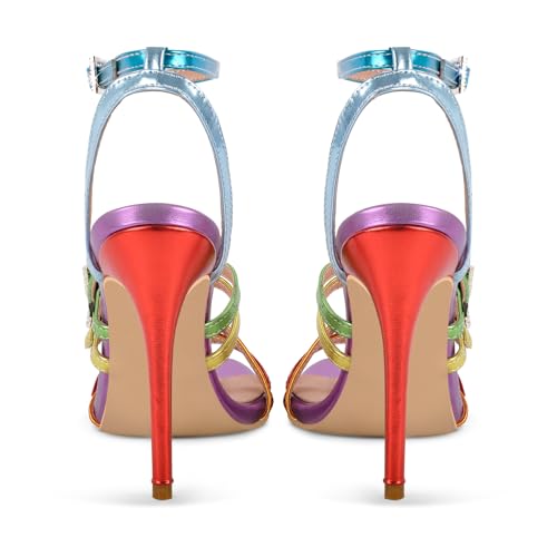 sexytag Women's Rhinestone Buckle Metallic Ankle Strap Strappy High Heel Sandals Multicolor Open Toe Party Stilettos Heels2