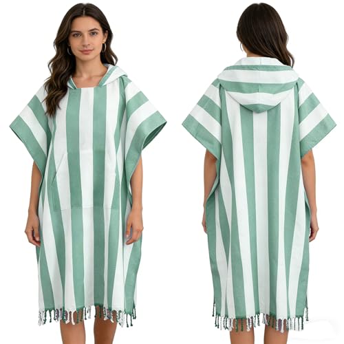 Aogulousdamai 1pcs Stripe Cotton Turkish Towel Poncho Surf Poncho Changing Robe with Hood and Front Pocket Absorbent Wearable Towel Hooded Beach Towel for Adult Man Women Beach Pool (Green M)