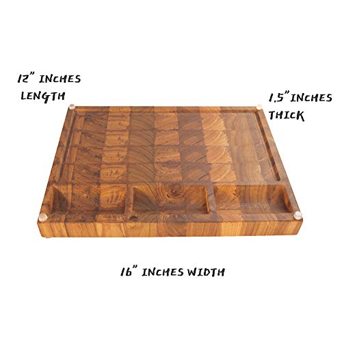 Uheim Premium Large End Grain Teak Wood Cutting Board, 16X12X1.5In With Sorting 3 Built-In Compartments, Non-Slip Silicone Feet, Deep Juice Groove,Wooden Holder, Full Kit For Cutting Board Repair #TOP3