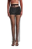 JMOREDEEP Women Crystal Rhinestone Mesh Pants Black Hollow Out Beach Pants Sexy Swimsuit Bikini Bottoms