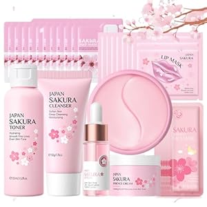 Hautpflege Set für Teenager-Mädchen, Japan Sakura Skincare Set, Anti-aging Gesichtspflege Set, Tägliche Skin Care Set Frauen – Reinigung Toner Serum Creme Augenmaske Gesichtsmaske Lippenmaske