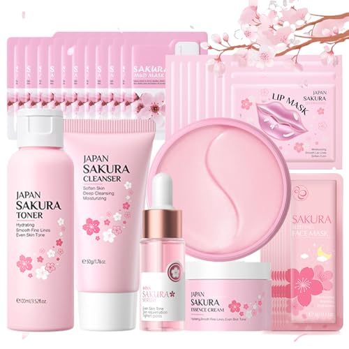 Hautpflege Set für Teenager-Mädchen, Japan Sakura Skincare Set, Anti-aging Gesichtspflege Set, Tägliche Skin Care Set Frauen - Reinigung Toner Serum Creme Augenmaske Gesichtsmaske Lippenmaske