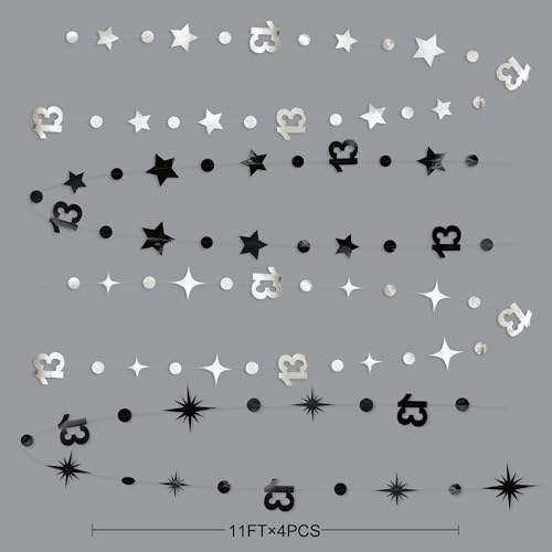 Image of Silver Black 13th Birthday Decorations Number 13 Circle Dot Twinkle Star Garland Hanging Streamer Bunting Banner Backdrop Girls Boys 13 Years Old Birthday Thirteen Official Teenager Party Supplies