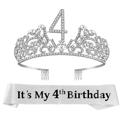 VeryMerryMakering 4th Birthday Sash and Tiara for Girls - Fabulous Glitter Sash + Flowers Rhinestone Silver Premium Metal Tiara for Girls, 4th Birthday Gifts for Princess Party