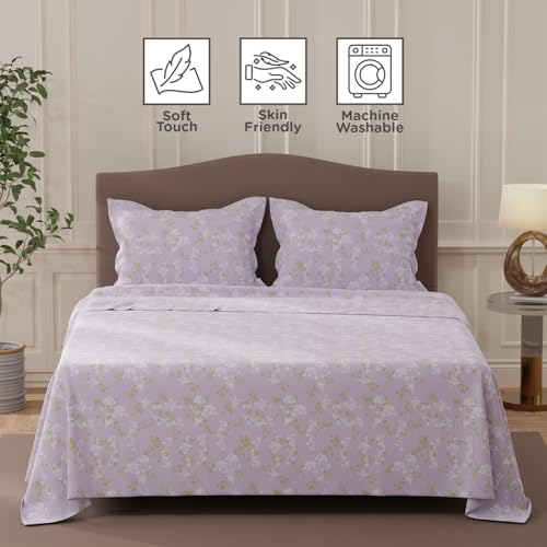 Image of Layers 100% Cotton Bedsheet for Double Size Bed | Lumina Floret Collection | 144 TC Soft & Breathable | Floral Print with 2 Pillow Covers | Wrinkle Free & Colorfast | 3 Piece Bedding Set - Purple