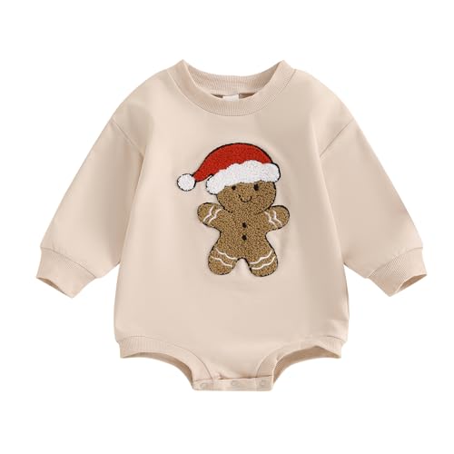 Loalirando Body de Navidad para bebé unisex de manga larga de algodón con diseño de pan de jengibre de Navidad bordado mono mameluco de Navidad infantil (0-18 meses), albaricoque, 12- 18 meses