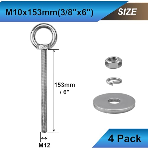 Image of 4 Pack M12 Eye Bolts with Nuts, 304 Stainless Steel 1 /2 inch x 6 inch Heavy Duty Lifting Eye Bolts, Metric M12x153mm Ring Eye Bolt for Hanging, Tie Down, Outdoor & Hardware Fixing (4, 1 /2 inchx6 inch)