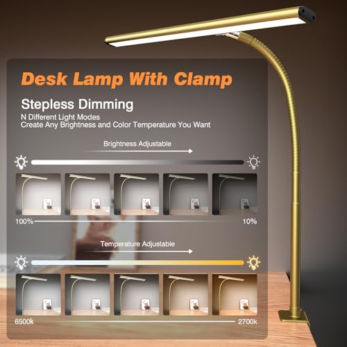 Image of Airlonv LED Desk Lamp for Office Home, Eye-Caring Desk Light with Stepless Dimming Adjustable Flexible Gooseneck, 10W USB Adapter Desk Lamp with Clamp for Reading, Study, Workbench (Gold)