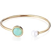 14K Gold Freshwater Pearl Open Cuff Bangle for Women,Dainty Green Greenstone Open Bangle Bracelet...